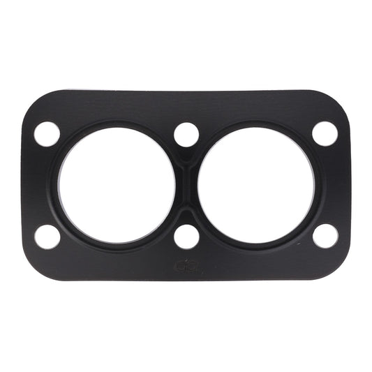 The AGCO | Seal - F842201090100 by AGCO is a black, rectangular metal gasket featuring two large circular openings and six smaller holes, specifically designed for Massey Ferguson machinery.