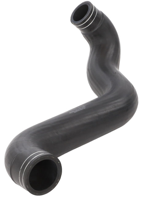 The AGCO | Hose - Acw9565090 is a curved black rubber hose featuring metal reinforcements on both ends. No current product description information is available.