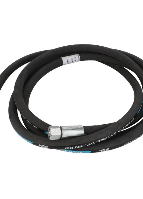 AGCO | Hydraulic Hose - Fel151737: This black coiled hydraulic hose comes with sturdy metal connectors at both ends.