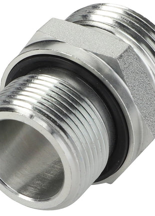 The AGCO | Union - 3007691X91 is a robust metallic double-ended pipe fitting that includes threaded connections and a central rubber gasket for superior sealing.