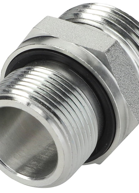 The AGCO | Union - 3007691X91 is a robust metallic double-ended pipe fitting that includes threaded connections and a central rubber gasket for superior sealing.