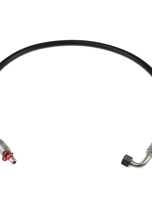 The AGCO HOSE - AL9032601 is a versatile black hose equipped with silver metal fittings on both ends, including an angled connector for easy installation and enhanced reliability.