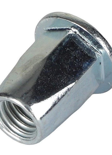 A close-up of the AGCO Blind Rivet Nut - Acw1061360, a silver metal nut with an integrated washer, featuring internal threading and a hexagonal base for wrench tightening. No current product description information is available.