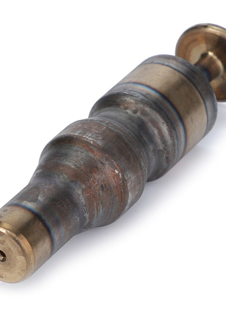 A vintage-style mechanical component, the AGCO Coupling Bolt - F312500072200, features a metal cylindrical shape with a tapering middle section and brass-colored ends.