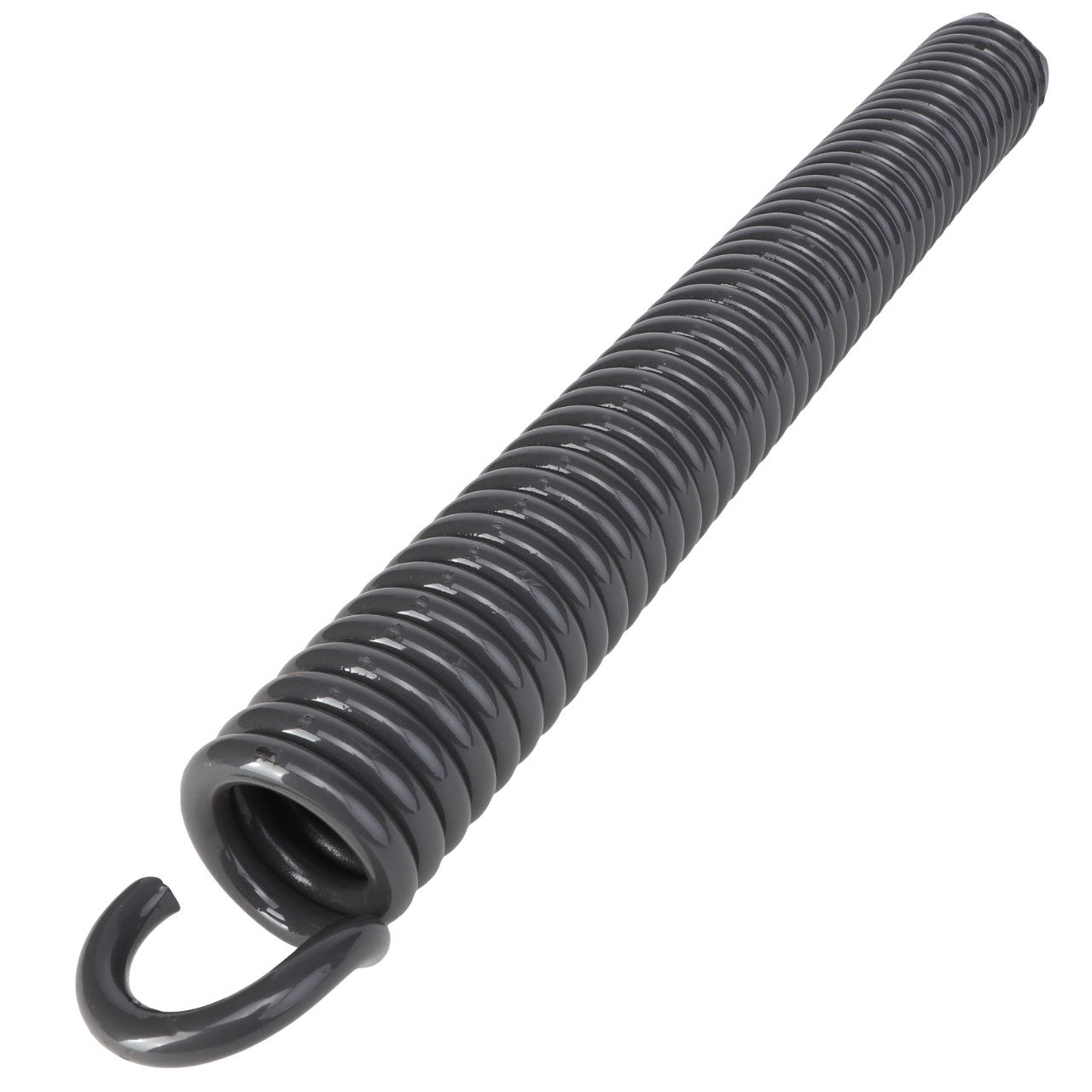 A close-up view of the AGCO | Spring - Acp0015300, a meticulously designed metal tension spring featuring a hook on one end, showcased on a pristine white background.