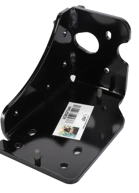 The AGCO Bracket - Acw2275440 is a black metal bracket featuring multiple round holes and a barcode sticker. This right-angle bracket includes bolts extending from its base. Currently, no additional product description information is available.