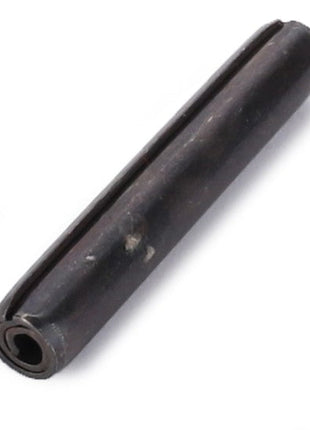 The AGCO | Spirol Pin - 3009322X1, a black tension roll pin with a slightly worn surface, is ideal for securing the position of components in mechanical assemblies.