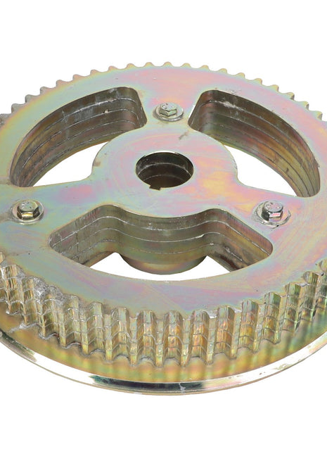 The AGCO Sprocket - Acw9566840 by AGCO is a metal sprocket wheel with three large cutouts, a toothed edge, an iridescent finish, and two small bolts. No additional product description information is available at this time.