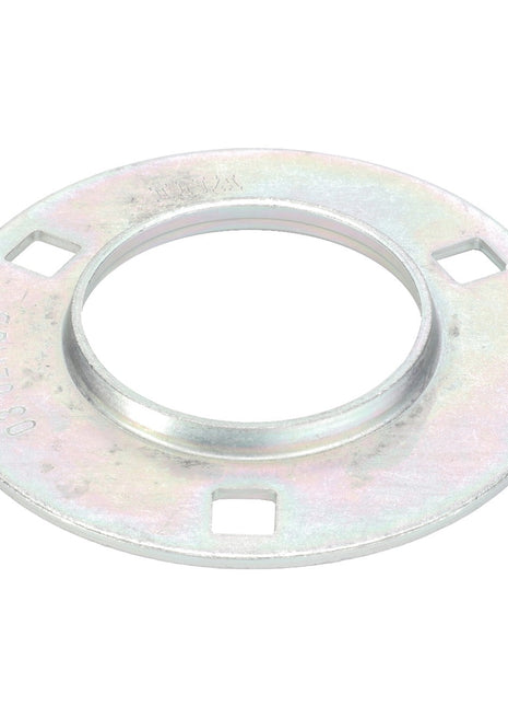 The AGCO Bearing Flange (part number D41708800) is a metallic, circular mounting flange featuring a central hole and four square cutouts arranged around its circumference, designed to be compatible with Massey Ferguson models.