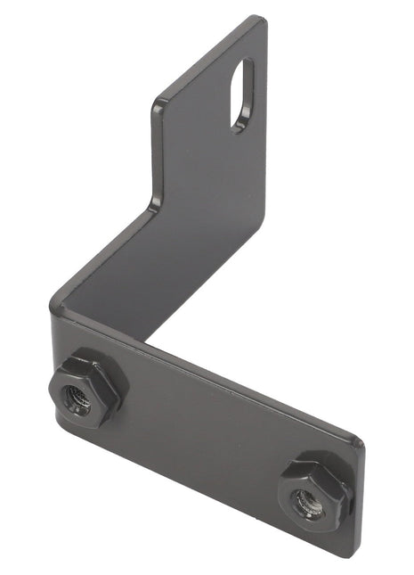 The AGCO Clamp Bracket - Acw216772B is a gray L-shaped metal bracket equipped with two bolts and nuts. It features a single hole on the vertical section for mounting. No current product description information available.
