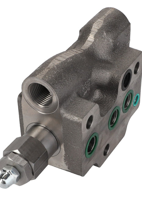 Close-up of the AGCO | Valve - Acp0670260, a metal hydraulic control valve featuring multiple ports and fittings, designed for managing fluid flow in hydraulic systems.