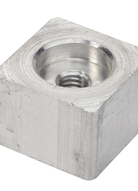 Currently, there is no product description available for AGCO's Lock - Acp0331350, a metallic square-shaped nut with a threaded hole at the center.