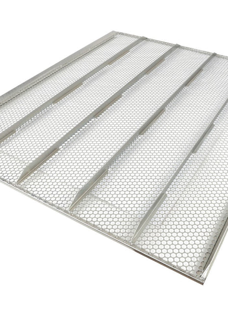 The AGCO Sieve Model La320960650 is a robust rectangular metal mesh panel, enhanced with vertical support beams for additional stability.