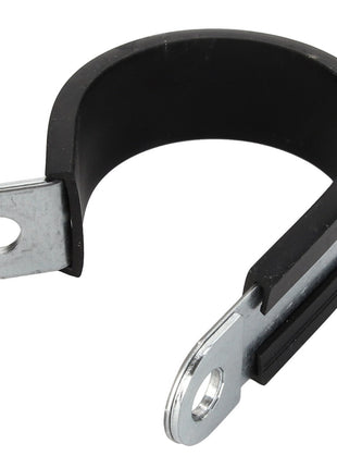 The AGCO CLAMP - D45730003 is a durable metal cable clamp featuring a rubber-insulated loop and two flat, perforated mounting tabs for easy installation.