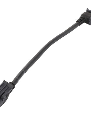 Image of an AGCO Extension Harness - Acw7478010, a black electrical connector cable featuring three-pronged connectors on both ends, with one connector straight and the other angled at 90 degrees. The product is manufactured by AGCO.