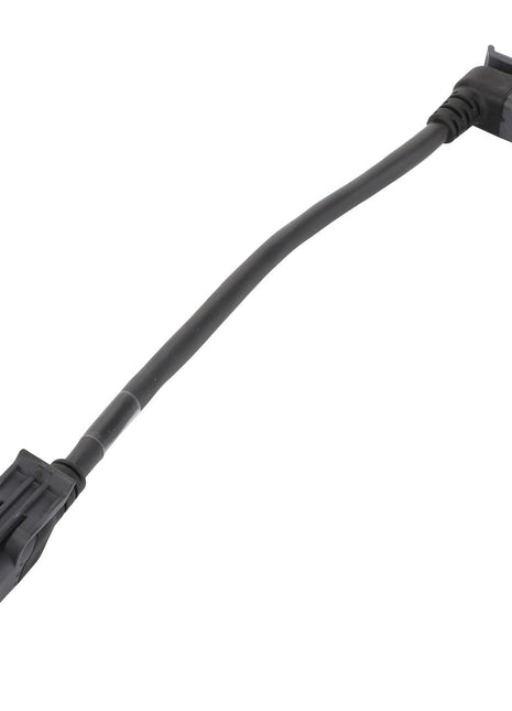 Image of an AGCO Extension Harness - Acw7478010, a black electrical connector cable featuring three-pronged connectors on both ends, with one connector straight and the other angled at 90 degrees. The product is manufactured by AGCO.