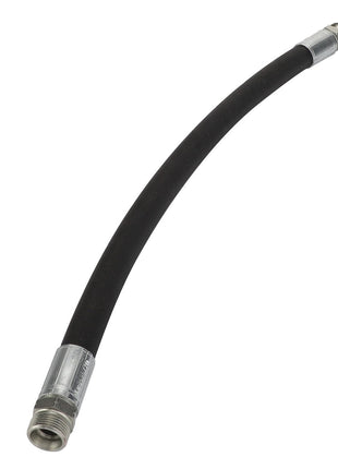 The AGCO Hydr. Hose - Acw0525770 is a flexible black rubber hose with metal connectors at both ends, slightly curved in the middle.