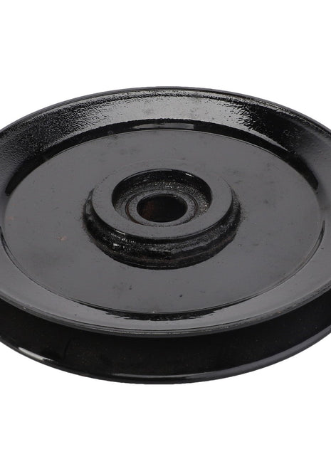 The AGCO Tensioner Pulley - ACY1571260 is a black metal pulley featuring a central circular hole and a flat rim, typically utilized in mechanical applications. Unfortunately, no additional product description information is available at this time.