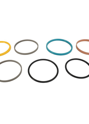 Product Description: Presenting the AGCO Seal Set Hydraulic Cylinder - F650153021340, featuring assorted colored rubber O-rings neatly arranged in two rows against a white background.