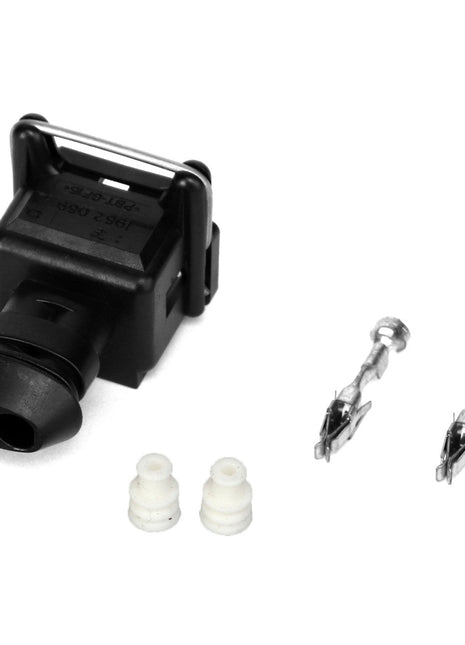 Close-up of an AGCO automotive electrical connector, model AL5103001, featuring two metal terminals and two white rubber seals, set against a pristine white background. Ideal No Current Product Description for catalog use.