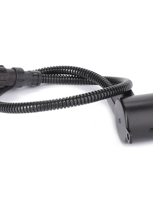 The AGCO Speed Sensor - D28780514 is a black corrugated hose featuring a cylindrical attachment on one end, designed for use in automotive or industrial applications, and is compatible with Massey Ferguson models.