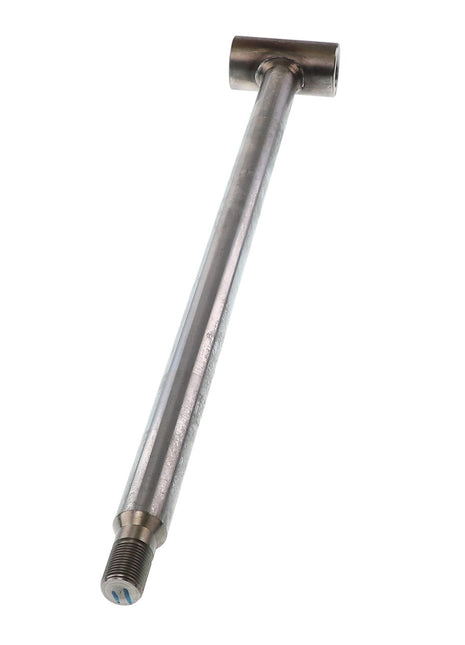 The AGCO PISTON ROD - AL12727013 is a product by AGCO, consisting of a metal rod with a cylindrical body. One end features a flat circular top with a hole, while the other end is threaded for attachment.