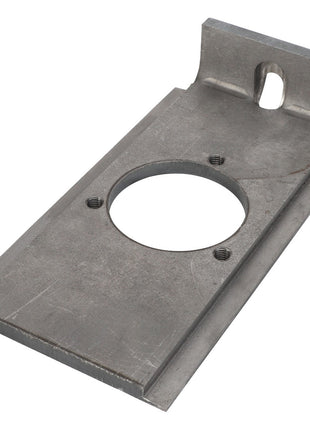 Introducing the AGCO | BEARING HOUSING - D28588005 by AGCO: a rectangular metal bracket featuring a round central hole, two smaller screw holes, and a protruding end with a slotted hole.