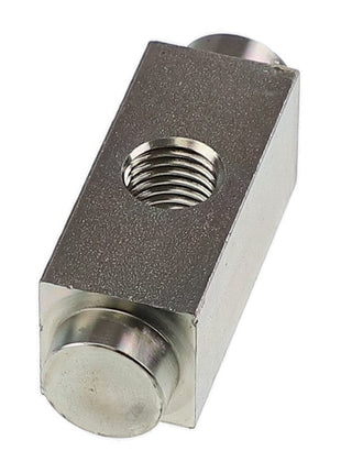 The AGCO Trunnion - Acw5652720 is a rectangular metallic block featuring a threaded hole in its center and cylindrical protrusions on both ends.