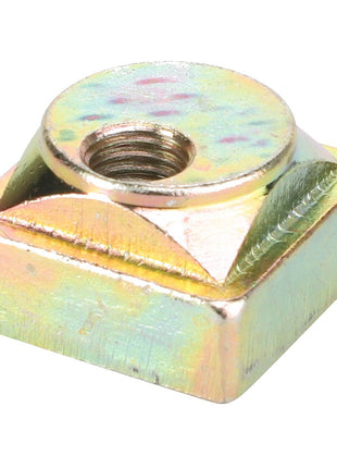 The AGCO Eccentric Nut - Fel150519 is a square-shaped metal nut with a threaded hole in the center and features a multicolored, slightly reflective surface.