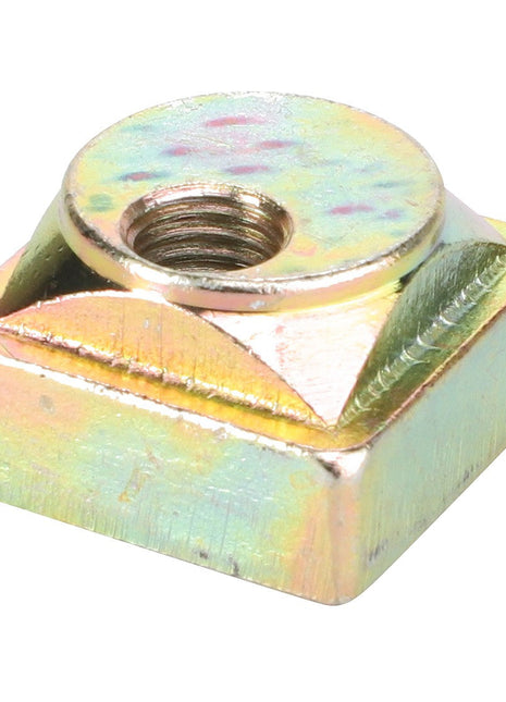 The AGCO Eccentric Nut - Fel150519 is a square-shaped metal nut with a threaded hole in the center and features a multicolored, slightly reflective surface.