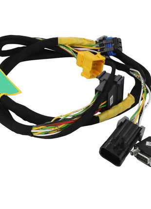 Image of the AGCO HARNESS - ACW032396A, a black and yellow automotive wiring harness specifically designed for Massey Ferguson's Dyna-VT transmission in the MF 8737 S model. It features multiple connectors, including a distinctive yellow plug and black connectors, as well as a green and white label.