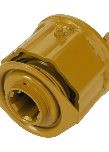 Close-up of the AGCO Spider Ratchet - Fel103117, a yellow, cylindrical mechanical component featuring an attached circular ring and notches. This metal part is branded by AGCO. No current product description available.