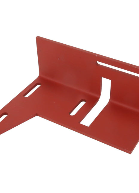 AGCO | BRACKET - D28787148 is a red, L-shaped metal bracket featuring multiple slots and cutouts for versatile mounting options.