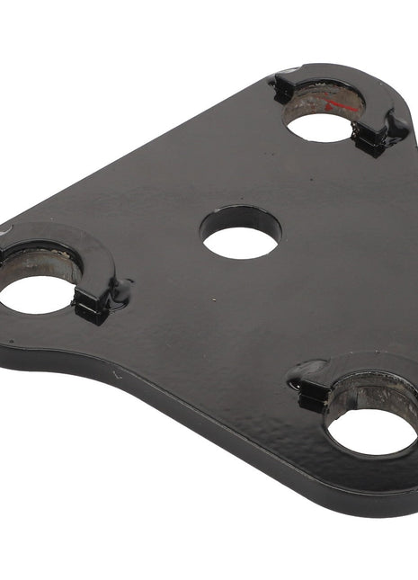 The AGCO | LEFT HAND LINK - AL142886 is a triangular black metal plate featuring three large holes near the corners and one central hole.