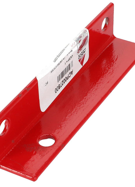 A red metal bracket branded AGCO, named the Angle Bracket - Acp0027800, featuring two large holes and one smaller hole, with a white label displaying barcodes and text. No current product description available.