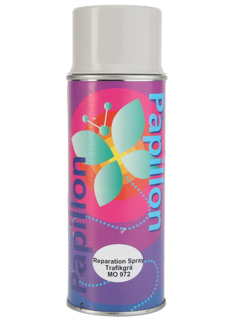 A spray can labeled "AGCO | PAINT-AEROSOL - D49207400" from the AGCO brand is designed with a butterfly motif and contains Reparation Spray in Trafikgrå color, MO 972. At present, there is no additional product description information available.