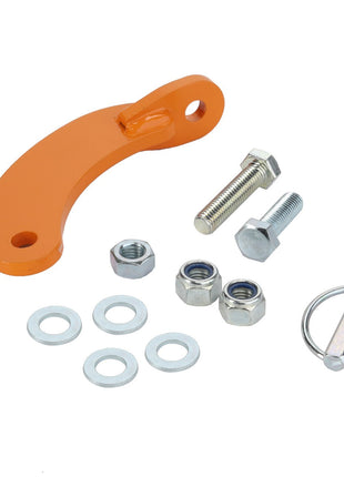 No current product description available for the AGCO | Locking Arm - Acv0750410, an orange metal bracket with a hole, accompanied by bolts, nuts, washers, and a cotter pin, all neatly arranged on a white background.