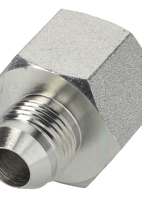 A close-up image of an AGCO Adaptor Fitting - Acp0059680 featuring a metallic hexagonal coupling with a threaded end and smooth interior. No current product description available.