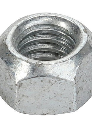Close-up image of the AGCO Hex Top Lock Nut (Model: Acp0010530), a hexagonal metal nut with internal threading, commonly used in bolts' mechanical and construction applications.