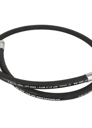 A black AGCO hydraulic hose, Hydr. Hose - Acw0165020, featuring metal fittings on both ends and marked with specifications and "Hydroscand EN 857 2SC XA". No current product description available.