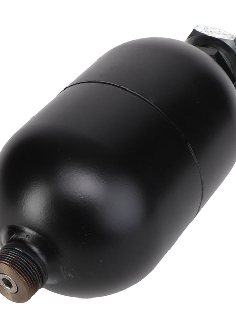 The AGCO Diaphragm Accumulator, 1 L - Acw112195A is a black cylindrical object with threaded fittings on each end, designed for energy storage.