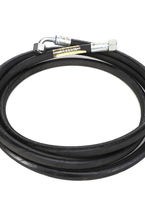 The AGCO HYDR. HOSE - AL1103183 is a coiled black hydraulic hose featuring metal fittings on both ends, though it currently lacks detailed product description information.