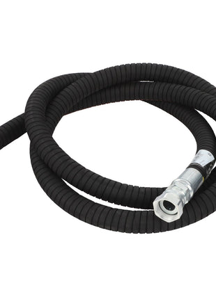A coiled AGCO Oil Drain Hose - Acw1930380, characterized by its black flexible material and a metallic connector on one end, is shown against a white background.