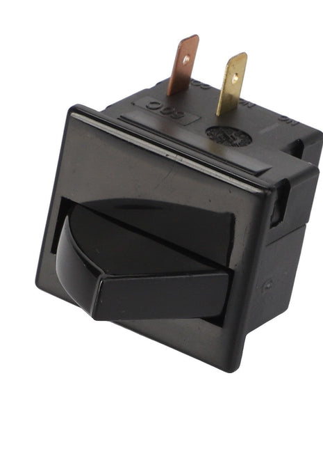 The AGCO SWITCH - CG1194106130 is a sleek, black rectangular rocker switch that features two metal prongs and a discreet ridge on its top surface.