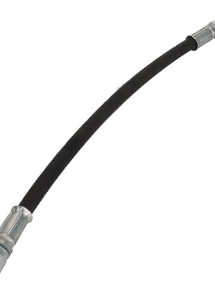 Introducing the AGCO | Hydraulic Hose - Acp0004960, a durable black flexible hose featuring robust metal connectors securely attached at each end.