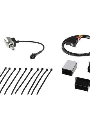 An assortment of AGCO electrical components including an SHUTOFF VALVE - AL5220526, a connector with wires, multiple zip ties, two metal enclosures, and an advanced electrical sensor.