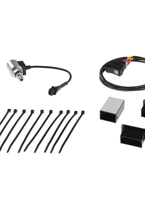 An assortment of AGCO electrical components including an SHUTOFF VALVE - AL5220526, a connector with wires, multiple zip ties, two metal enclosures, and an advanced electrical sensor.
