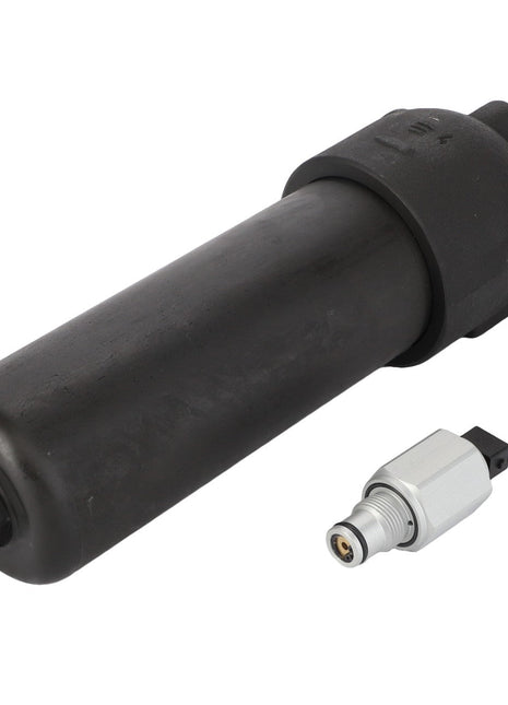 A black cylindrical hydraulic filter, AGCO | Filter - Acp0329390, is positioned next to a small metal connector fitting. No current product description available.