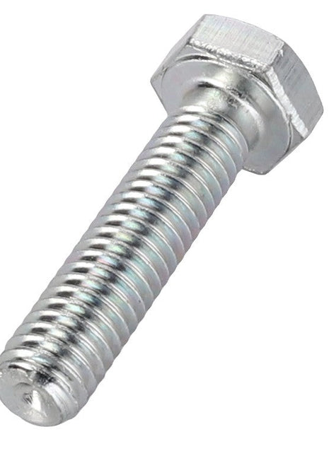 Close-up of the AGCO | HEX CAP SCREW - LA10902621, a metallic hex bolt with threads along its shaft, typically used in construction and mechanical applications.