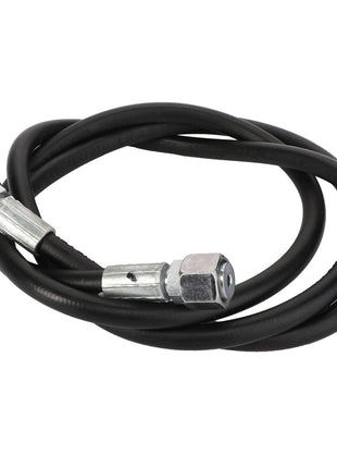 The AGCO | Hose - Acw1806820 is a coiled black hydraulic hose with metal fittings on both ends, specifically designed for fluid transfer in hydraulic systems. Product description information is currently unavailable.